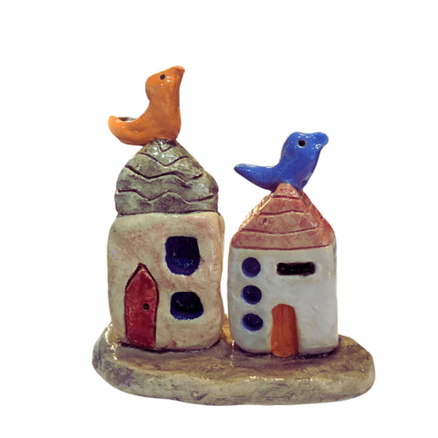 Blue & Orange Bird 2 Cottages - sculpture Bron Lewis